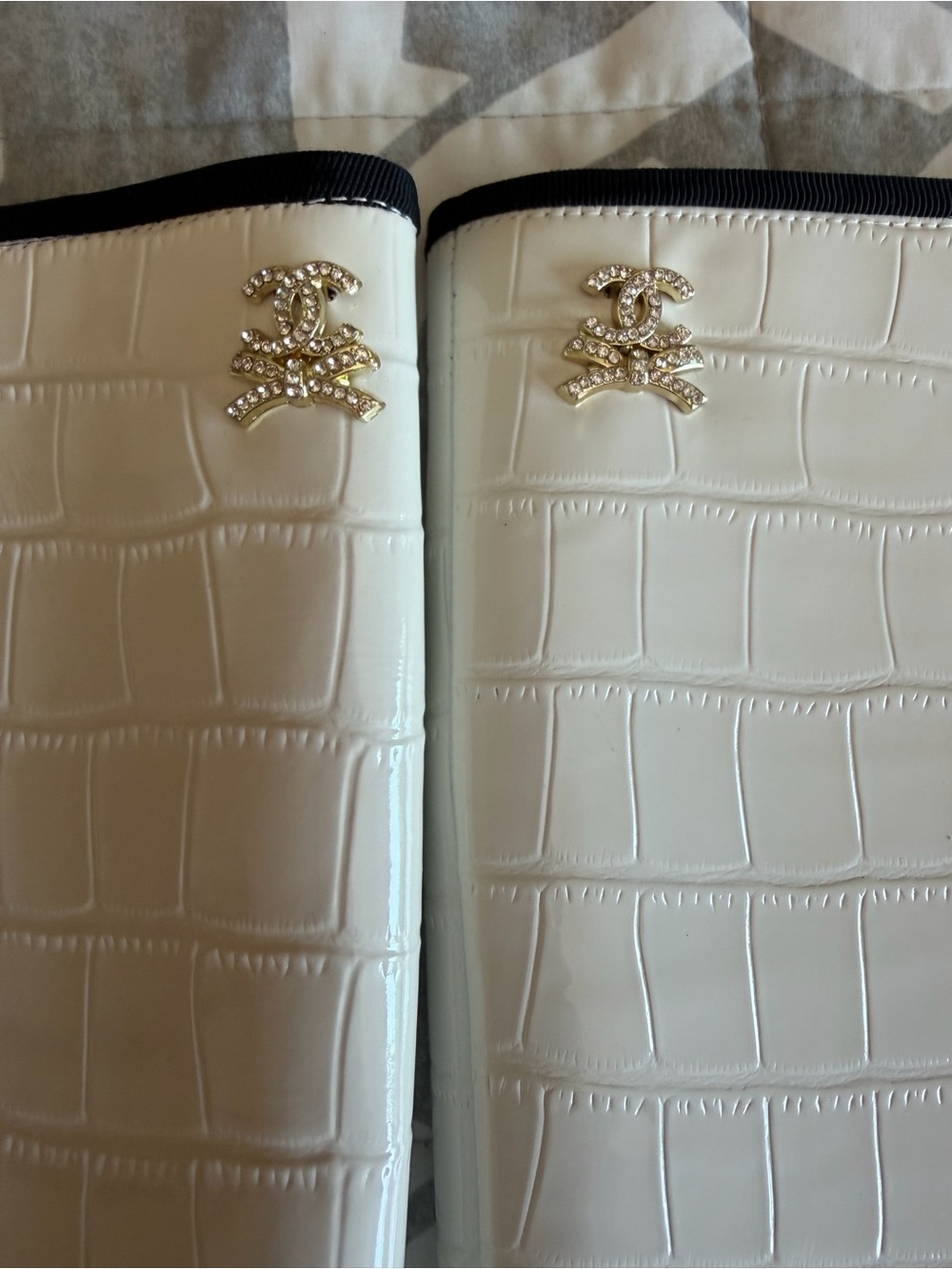 CHANEL White Croc-Embossed Over-the-Knee Boots with Black Cap Toe - Picture 3 of 10